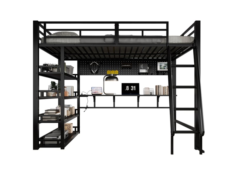  Lit mezzanine 2 places 140 x 200 cm avec étagères, grand rangement, port de charge, échelle inclinée 4 marches, barre de suspension, métal noir  - Conforama A