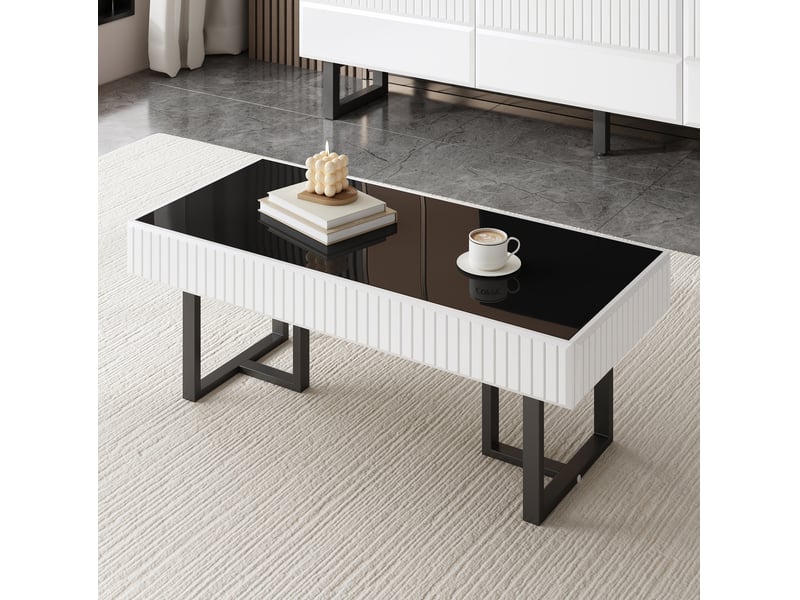  Table basse rectangulaire 110 x 50,5 x 41 cm, plateau noir brillant, noir et blanc  - Conforama B