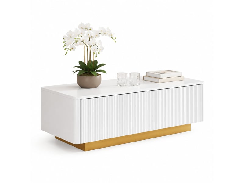 Table basse blanche 110 x 50 x 35 cm avec 2 tiroirs, façade rainurée, rangements ouverts, angles arrondis  - Conforama A