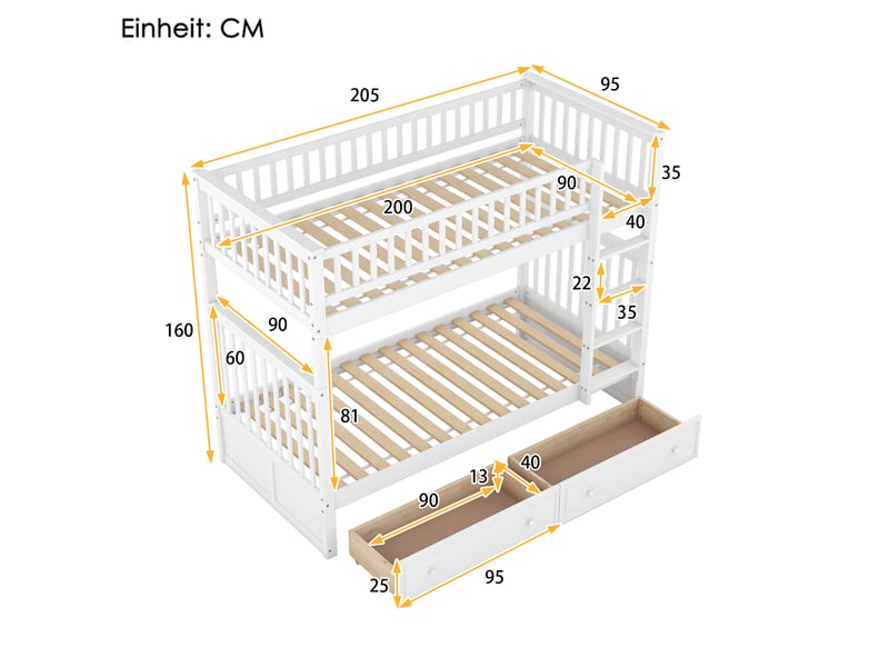 Lit superposé enfant blanc 90x200 cm, convertible avec tiroirs de rangement - Conforama C