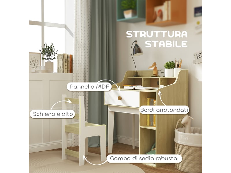  Bureau enfant avec chaise blanc et bois 80,4 x 50 x 96 cm avec rangement et tiroir  - Conforama W