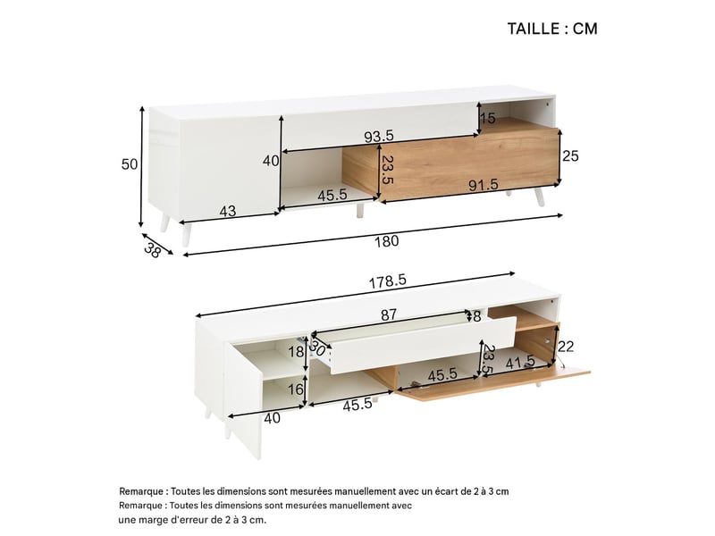  Meuble tv avec rangements en panneau de particules blanc et bois 180x38x50 cm - pangivo  - Conforama C