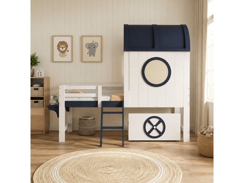  Lit cabane enfant surélevé 200×90 cm avec tiroir à roulettes, toit et fenêtres, sans matelas, blanc et bleu foncé  - Conforama B
