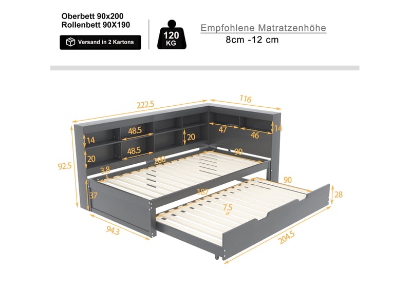  Lit simple 90x200 cm avec lit gigogne, prise usb et rangements, coloris gris  - Conforama C