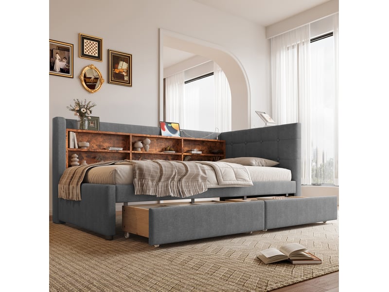  Lit banquette tcqpz 90 x 200 cm avec 2 tiroirs usb type-c rangements tête de lit en lin gris  - Conforama B