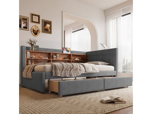 Lit banquette tcqpz 90 x 200 cm avec 2 tiroirs usb type-c rangements tête de lit en lin gris