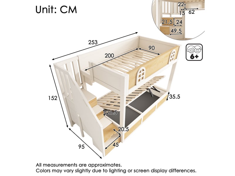  Lit superposé 90x200 cm avec escalier de rangement, blanc et naturel, mdf, sans matelas  - Conforama C