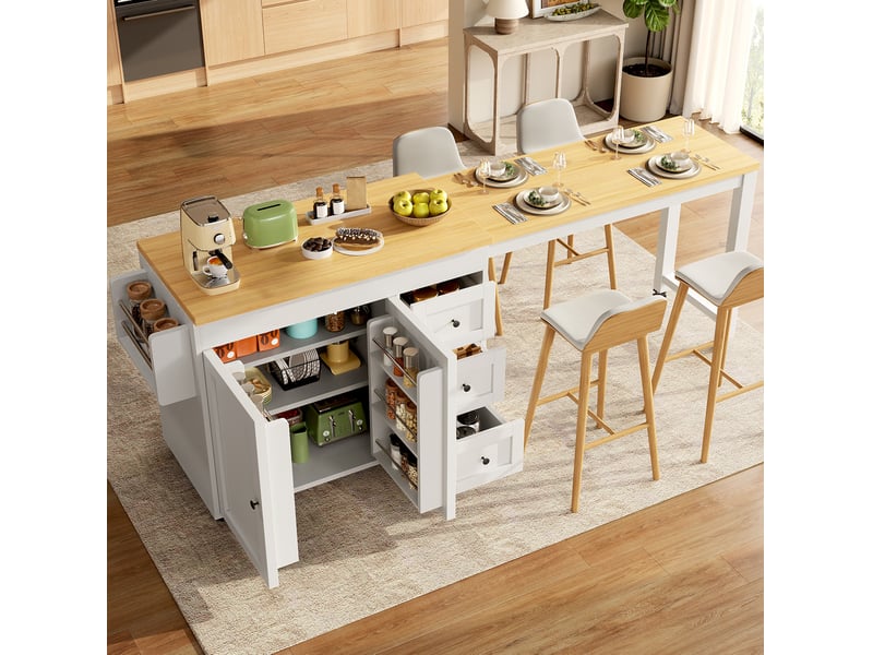  Îlot de cuisine extensible 116x45x89 cm, meuble cuisine, avec 3 tiroirs et roulettes, structure en mdf, couleur blanc  - Conforama B