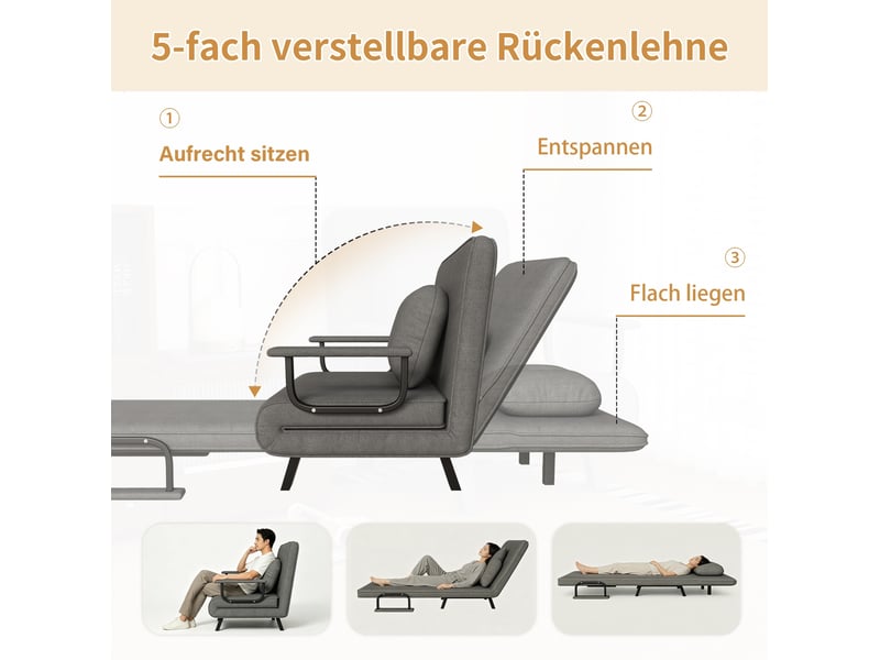  Fauteuil relax convertible avec dossier réglable 5 positions et supports rabattables en chenille gris  - Conforama C