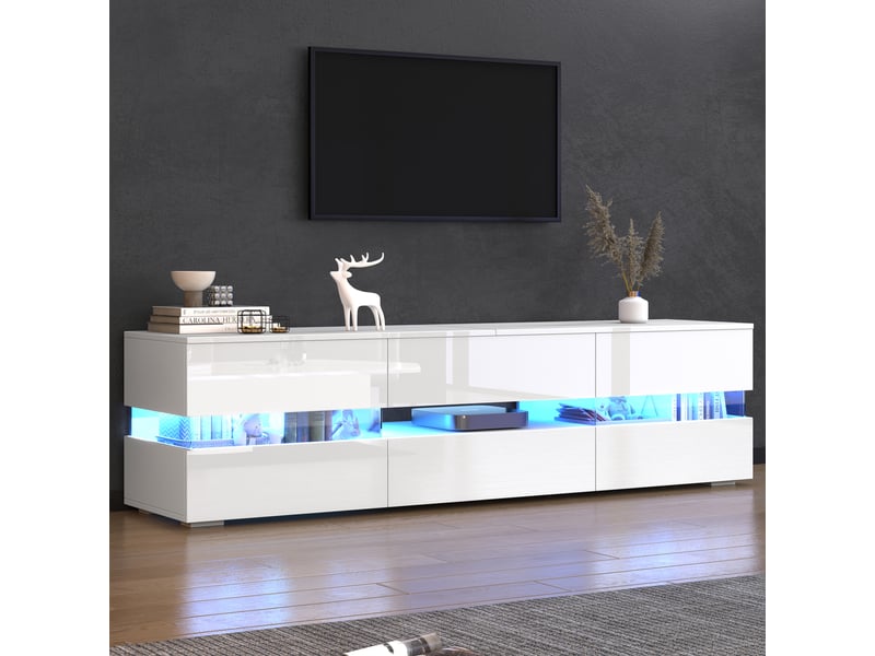  Meuble tv blanc brillant 160 cm avec éclairage led, 2 portes, tiroir et niche ouverte pour téléviseur jusqu’à 70 pouces  - Conforama D