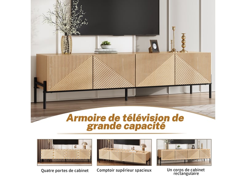  Meuble tv 163,5x40x45 cm, 4 portes, push-to-open, façades texturées, grand rangement, lowboard moderne pour salon - naturel  - Conforama D