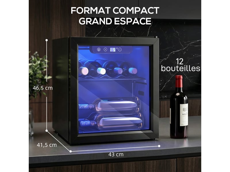  Cave à vin 12 bouteilles 36l, réfrigérateur à vin et boissons avec température réglable 4-16 °c, noir, porte réversible  - Conforama C