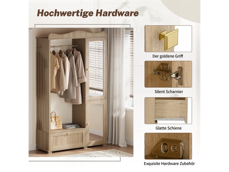  Armoire avec 2 portes, miroir, penderie ouverte et tiroirs à fermeture douce pour chambre en mdf 115,5×38,5×194,5 cm chêne  - Conforama E