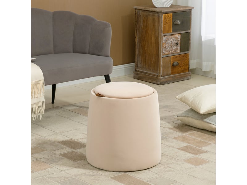  Pouf rond beige ø44x47,5 cm en polyester avec rangement et plateau réversible  - Conforama B