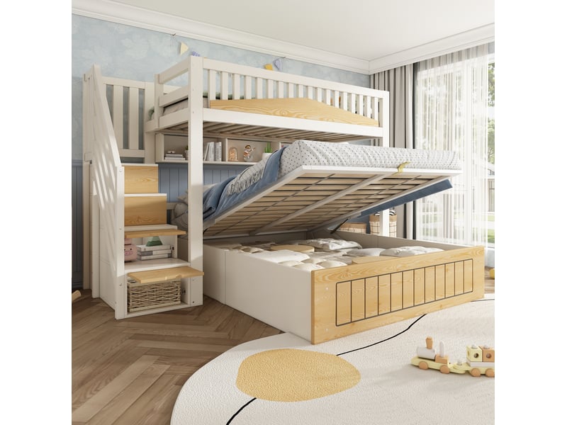  Lit superposé décalé 90x200 et 140x200 cm avec rangement blanc et naturel  - Conforama E