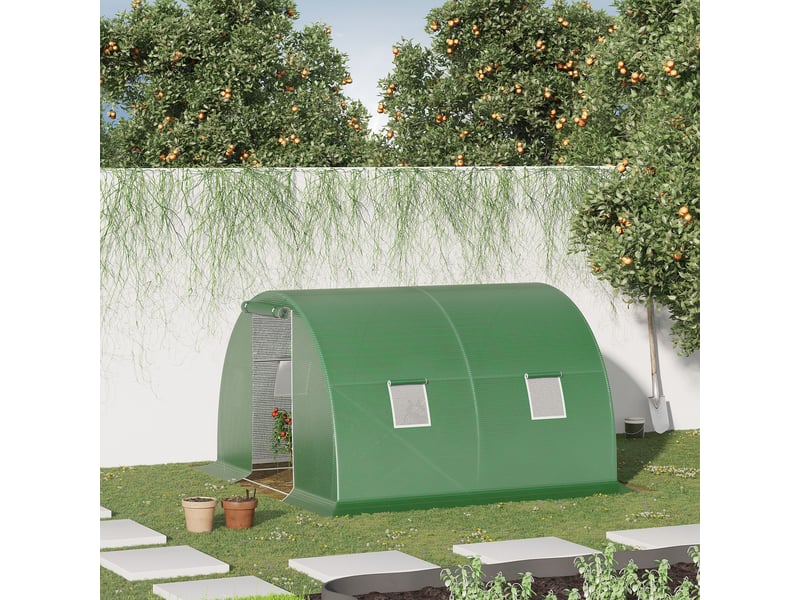  Serre tunnel d'extérieur 3 x 3 x 2 m avec bâche en pe, porte zippée et 4 fenêtres, verte  - Conforama D