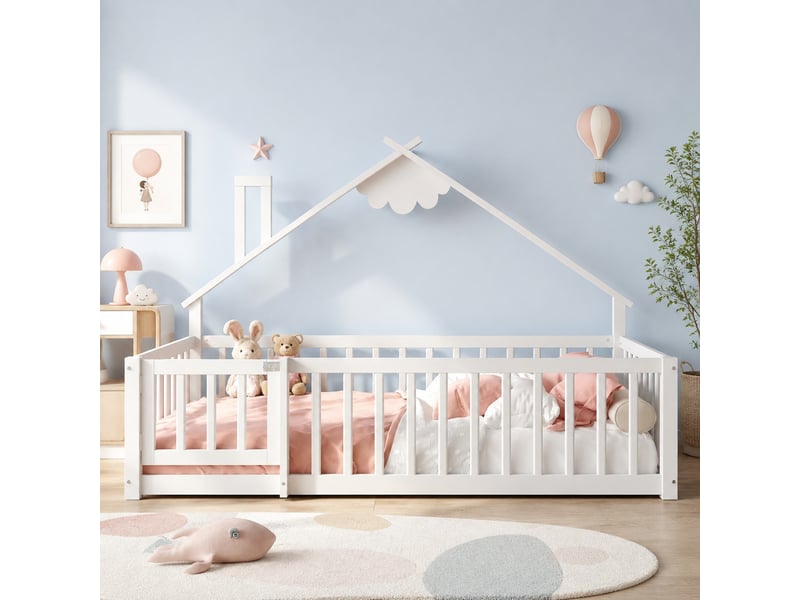  Lit enfant cabane 90x190 cm avec barrière verrouillable, blanc  - Conforama C