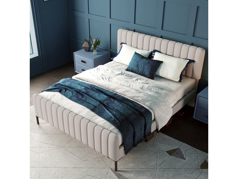  Lit double rembourré 160 x 200 cm, sommier inclus, tête réglable, lin gris beige  - Conforama D