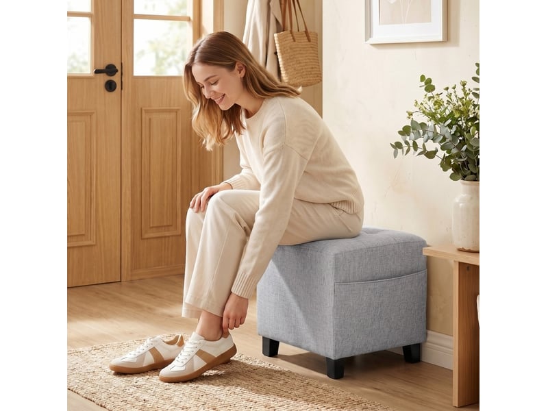  Pouf carré 35x35x35 cm avec poche latérale tissu aspect lin gris clair  - Conforama B