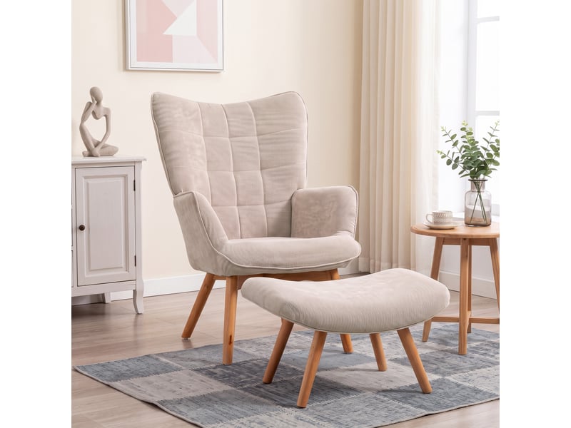  Fauteuil relax avec pouf et repose-pieds en velours côtelé, dossier haut et accoudoirs, beige  - Conforama C