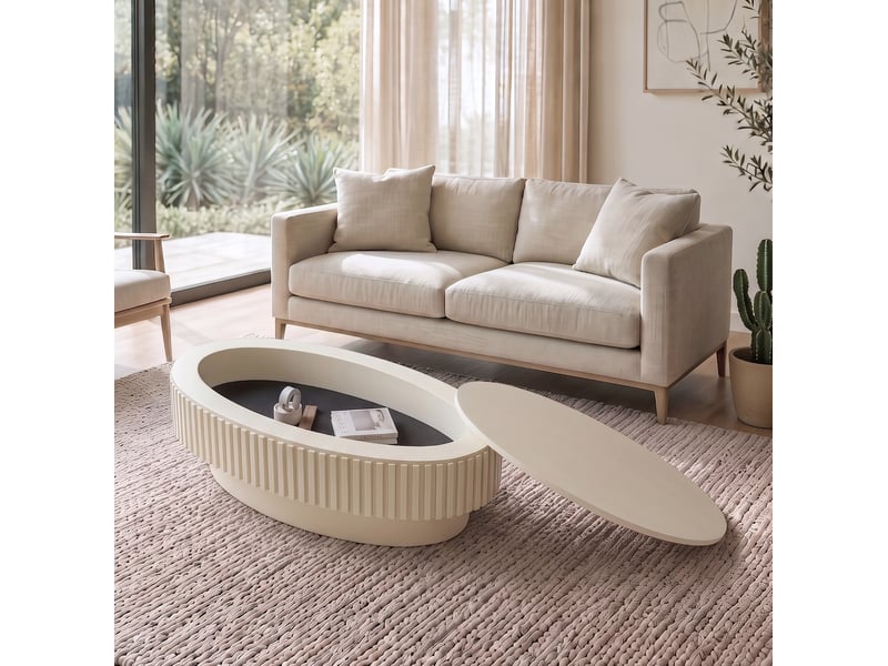  Table basse avec rangement dissimulé, design cannelé en bois et mdf crème  - Conforama B
