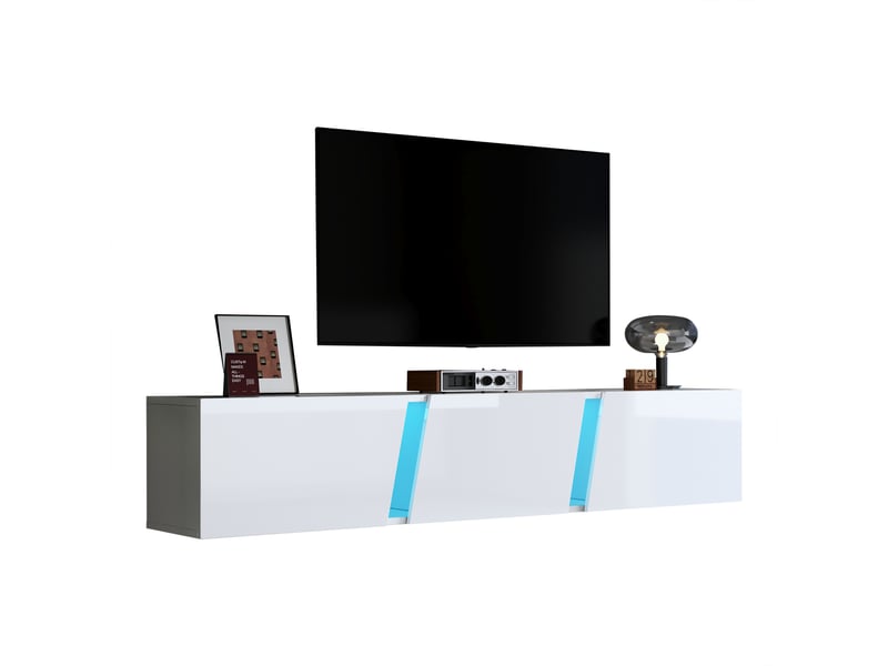  Meuble tv mural suspendu 180 cm pour tv 75 pouces, blanc brillant avec led  - Conforama E