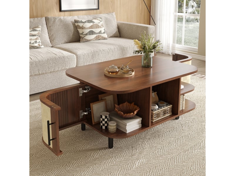  Table basse 80x60x46.5 cm - forme galbée arrondie avec façades effet tressé - niches ouvertes, placards latéraux et pieds en métal – bois de noyer  - Conforama D