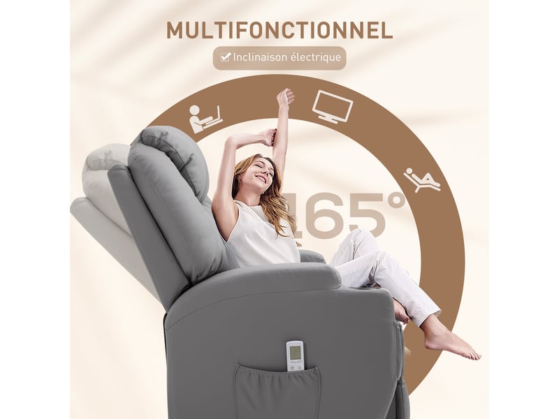  Fauteuil de relaxation massant et inclinable électrique en pu gris 82x97x110 cm  - Conforama E