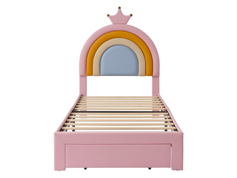 Lit enfant rembourré rose 90 x 200 cm, tête de lit réglable, tiroir, revêtement pu - Conforama A