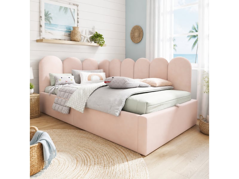 Lit banquette enfant 190×90 cm avec rangement hydraulique et sommier à lattes, sans matelas, en velours rose - Conforama B