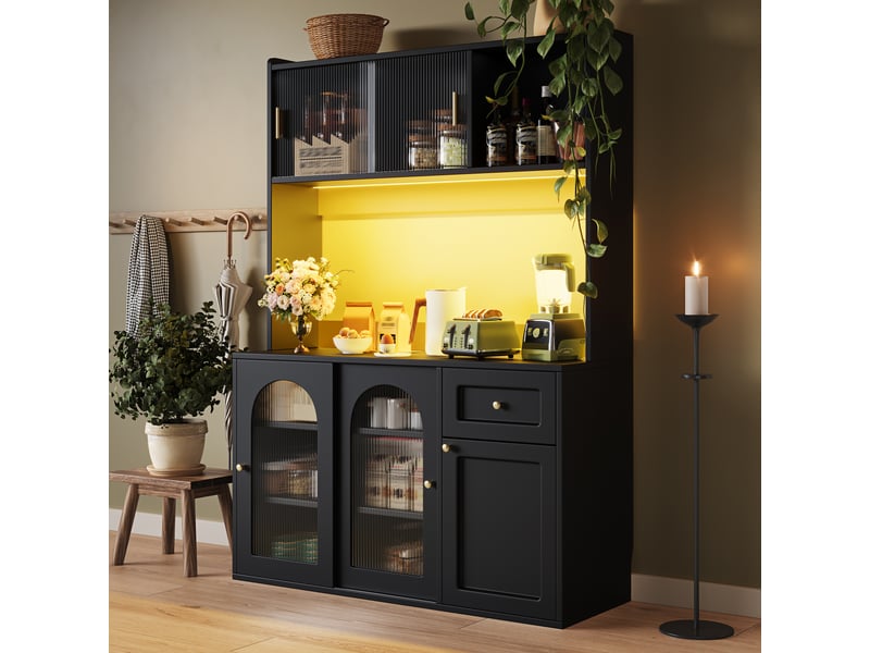  Meuble de cuisine muvano noir, vaisselier à portes vitrées coulissantes, 120 × 35 × 167 cm  - Conforama D