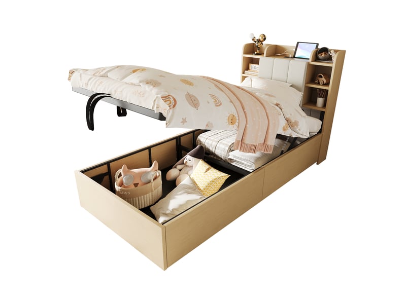  Lit simple 90 x 200 cm avec usb et tape-c, lit coffre, cadre de lit adulte en bois, tête de lit avec espace de rangement, beige  - Conforama E