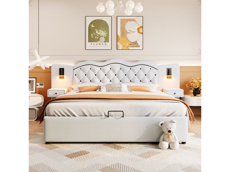  Lit coffre 180x200cm, lit adulte, tête de lit avec chevet, 2 éclairage latéral, prise usb, lin, beige, sans matelas  - Conforama B