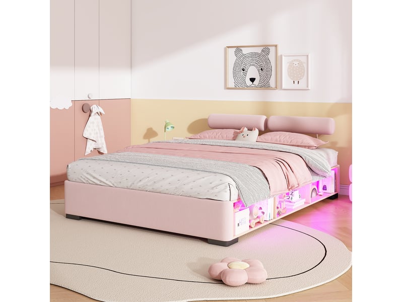  Lit rembourré modenvie 140 x 200 cm rose avec rangement latéral ouvert et éclairage led en velours  - Conforama E