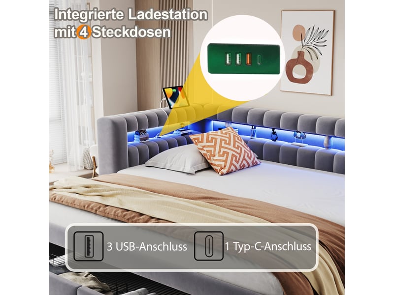  Lit gigogne 90x190 cm -  2 tiroirs - led usb-c - lit banquette 1 place convertible 180x190 cm- gris  - Conforama D