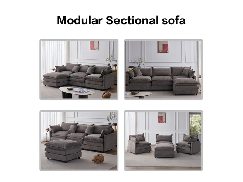 Canapé d'angle modulable 3 places en l avec méridienne et pouf gris - Conforama C