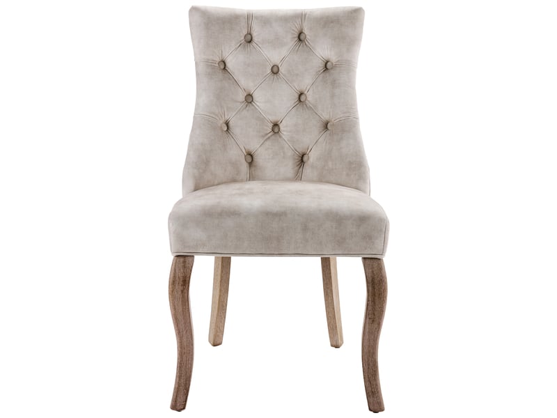 Lot de 6 chaises de salle à manger en velours beige clair, dossier capitonné à boutons, pieds bois massif - Conforama A