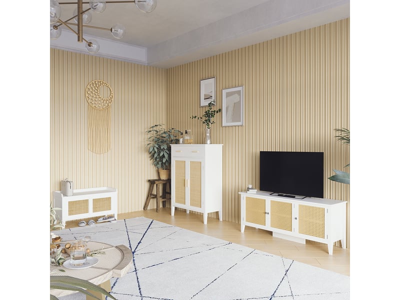  Banc à chaussures meuble de rangement avec porte coulissante et façades rotin tissé 80 x 35 x 45 cm blanc  - Conforama C