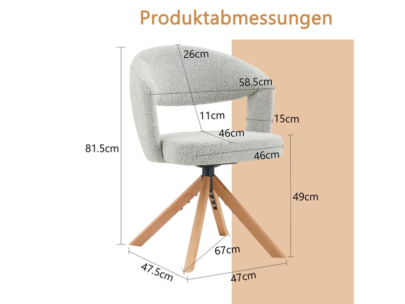  Lot de 2 chaises pivotantes 81,5 cm, couleur bois+gris clair, tissu, pour salle à manger, dossier incurvé, pivotement à 360°  - Conforama C