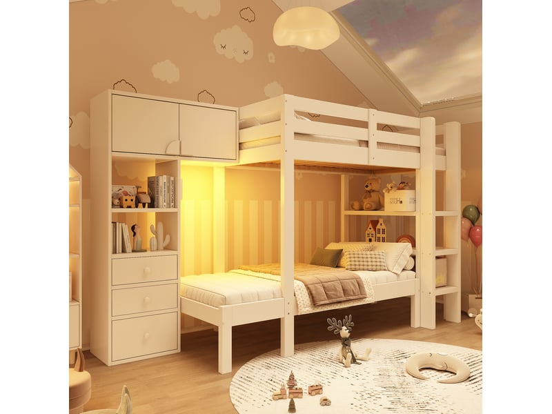 Modenvie lit superposé 90x200 cm - avec rangement intégré, veilleuse led, sans matelas - blanc  - Conforama D