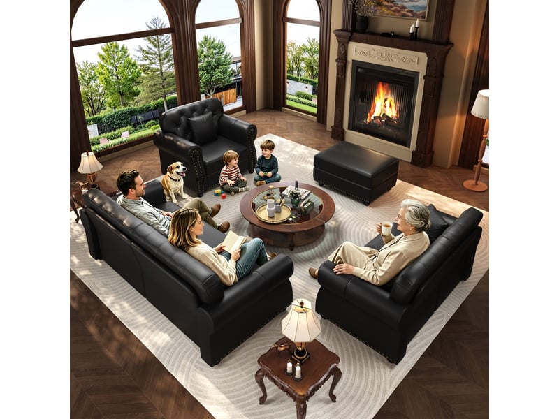 Canapé droit noir simili, 4 places design chesterfield, assises confortables à ressorts, accoudoirs roulés et décor clous - Conforama E