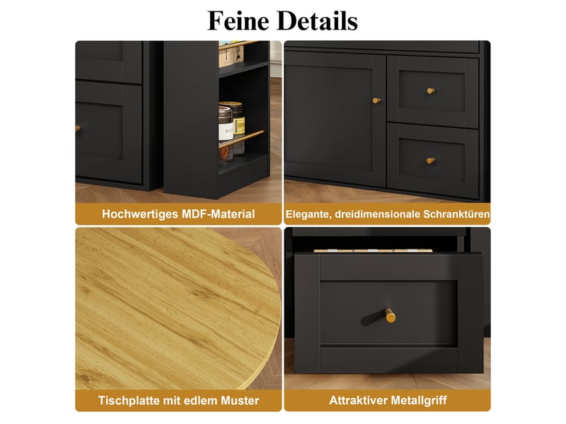 Buffet extensible noir 138-204 cm meuble rangement cuisine mdf métal avec tiroirs pliants - Conforama D