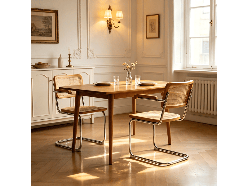  Lot de deux chaises de salle à manger, chaises en bois avec dossier en rotin et pieds chromés, style « brewer » du milieu du siècle, marron  - Conforama D