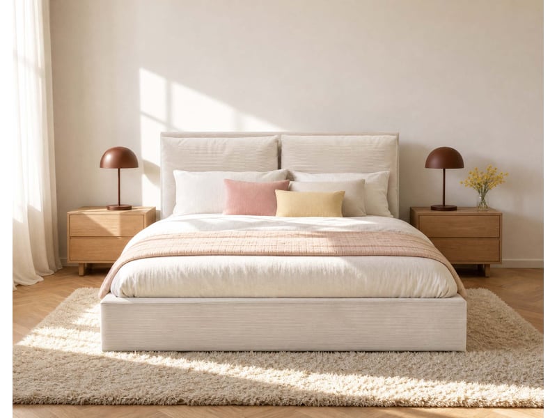  Pivoine - lit coffre queen size - 160x200 - en velours côtelé - sommier inclus - best mobilier - beige PIVOINE - Conforama B
