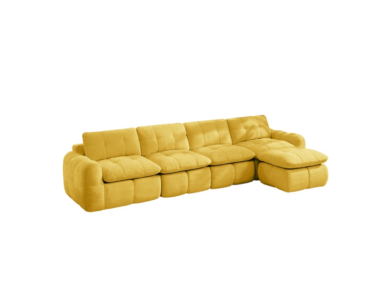 Canapé modulable sans cadre en l 4 places jaune, chenille, capitonnage quadrillé, assise profonde, avec 1 pouf, sans montage - Conforama A