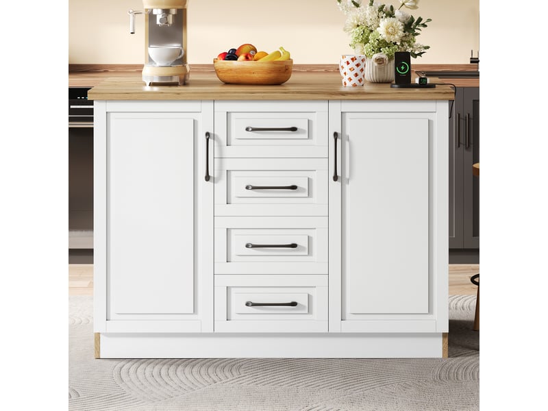 Îlot de cuisine 120x60x90 cm avec 4 tiroirs, prises et ports usb, blanc et bois naturel - Conforama D