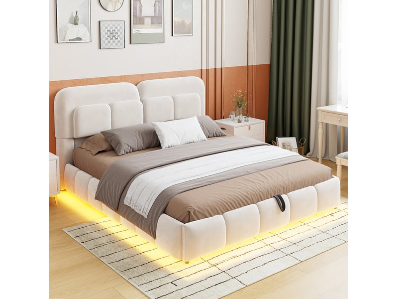  Lit coffre 140 × 200 cm 2 places avec led réglable et tête de lit rembourrée, sans matelas, en velours beige  - Conforama B