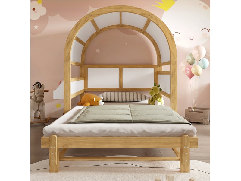  Modenvie lit cabane enfant 140x200 cm - lit gigogne, tablette laterale, sommier inclus - blanc et naturel  - Conforama B