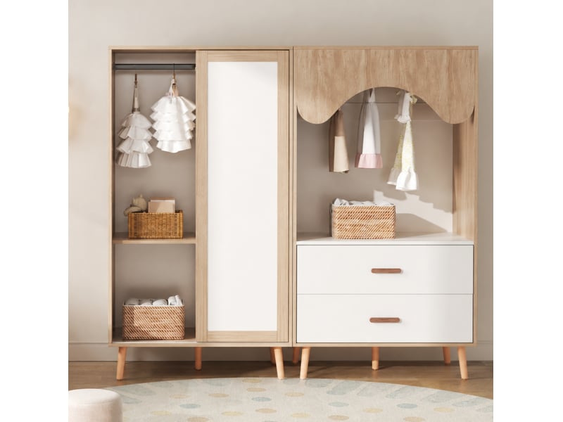  Armoire combinée pour chambre d’enfant avec porte coulissante, penderie et tiroirs, blanc et bois naturel, 160 × 46 × 141,5 cm  - Conforama B