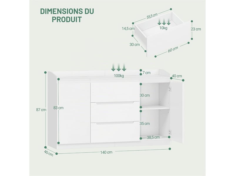  Commode blanc 3 tiroirs 2 portes meuble rangement 3 tiroirs, 2 portes, bois moderne 40 x 140 x 87 cm  - Conforama C